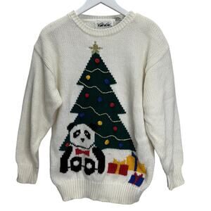 Vintage Knit Works White Sweater Size M Panda Bear Christmas Tree Ugly Retro